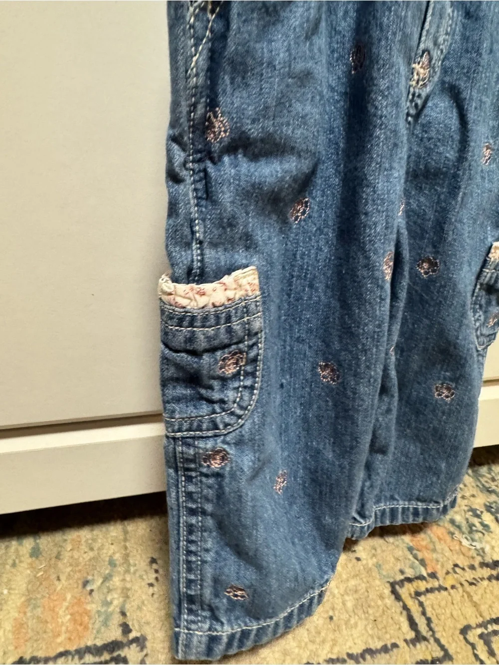 Denim Pink flower ruffle Overalls